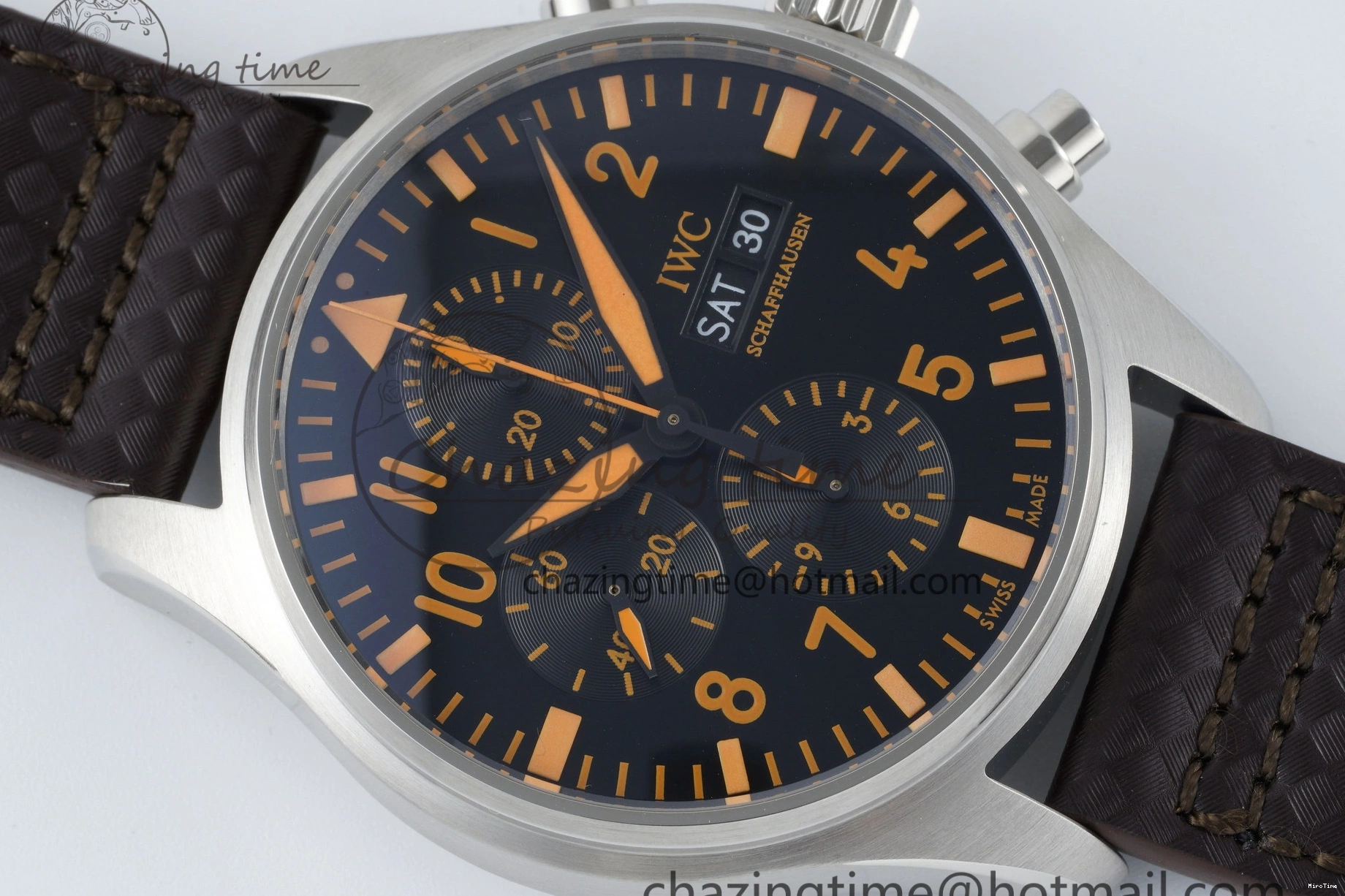 MIROTIME 0503 Pilot Chrono SS AZF 1:1 Best Edition Black Dial Orange Markers on Brown Leather Strap A EasyCare 7065